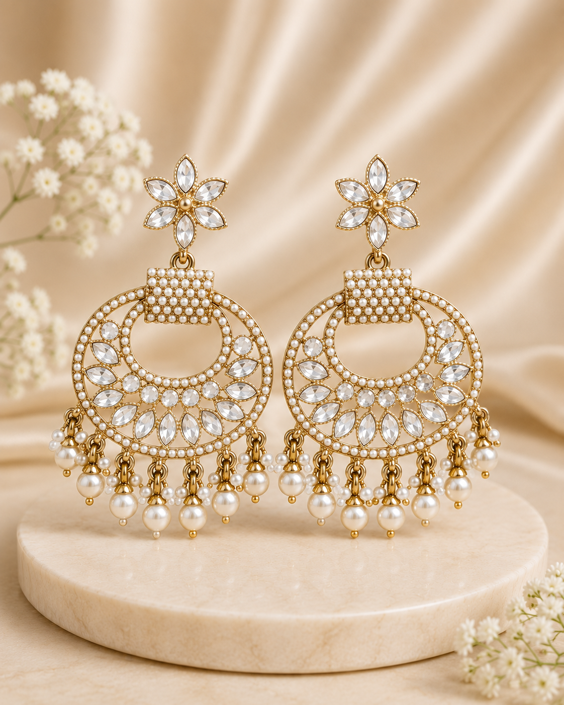 Antique Gold Ruby Marquise Flower Chandbali Earrings | OLT116
