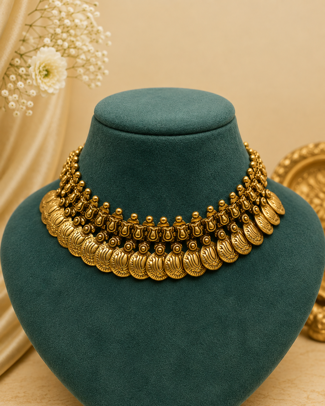 Antique Gold Nakshi Lotus Coin Choker Necklace | OLT11