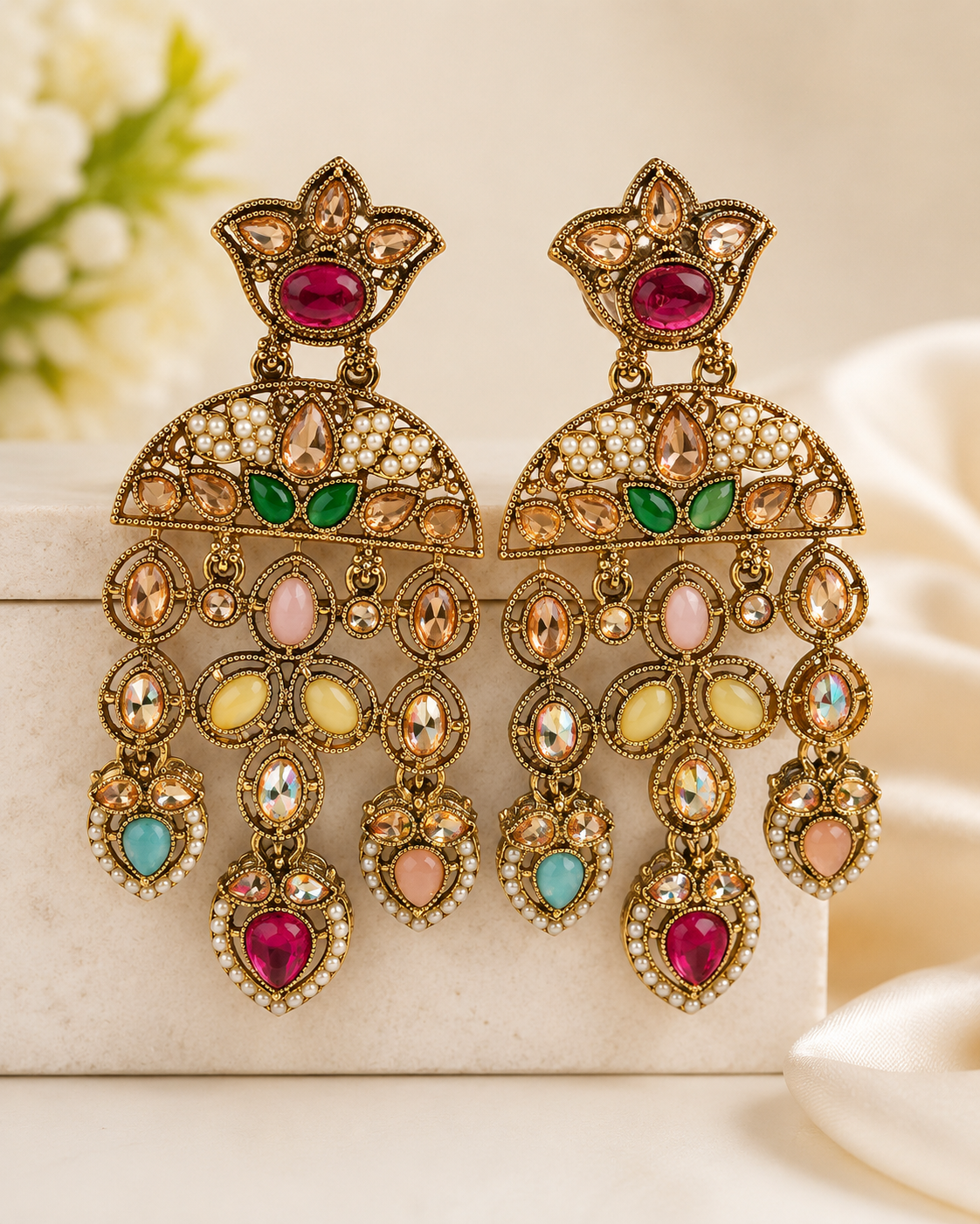 Antique Gold Navratna Multicolour Lotus Fan Chandelier Earrings | OLT121