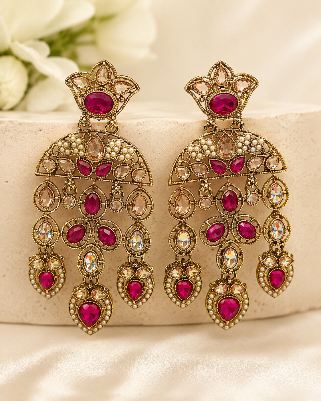 Antique Gold Navratna Multicolour Lotus Fan Chandelier Earrings | OLT121