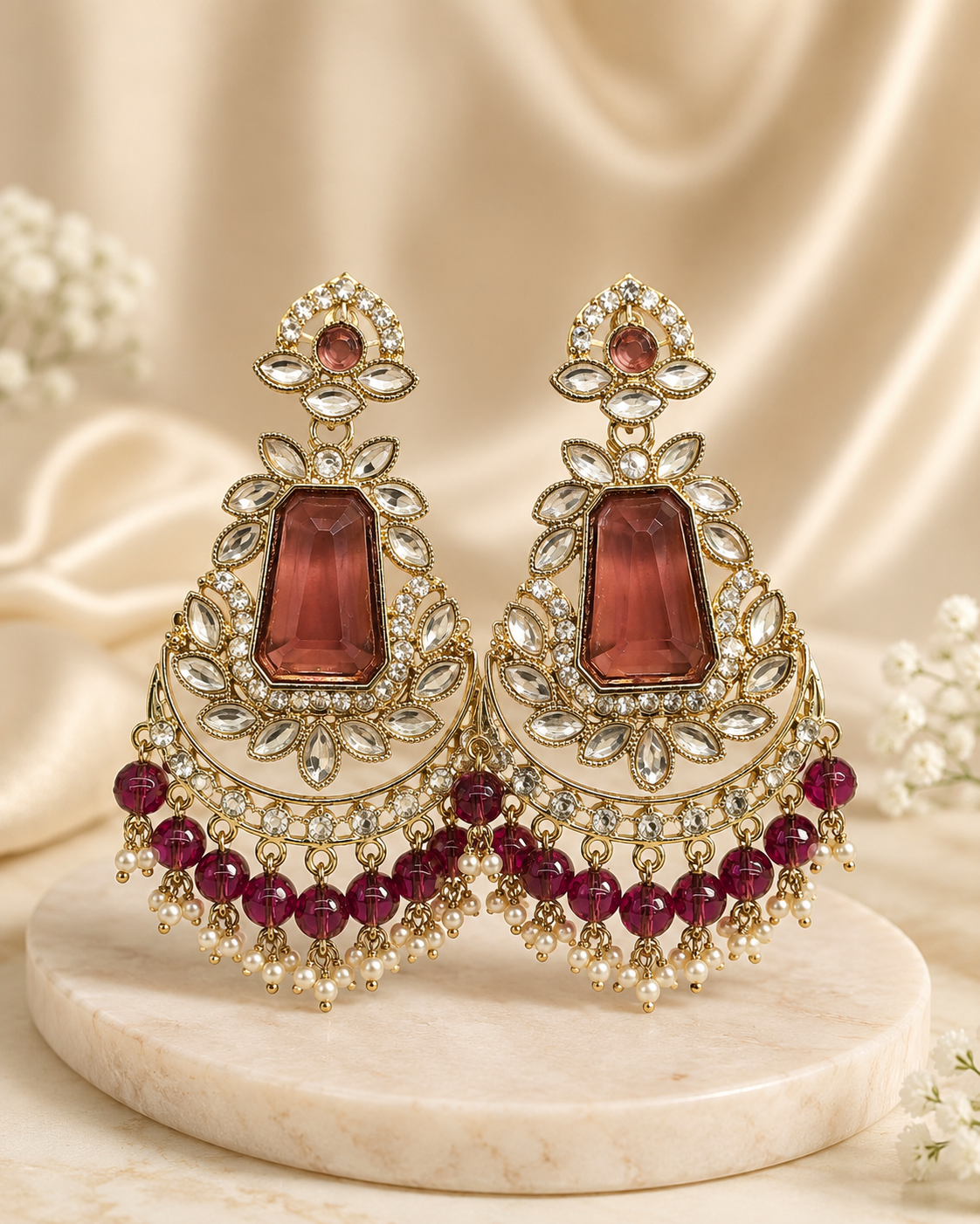 Gold Light violet Emerald-Cut Polki Marquise Chandbali Earrings | OLT147