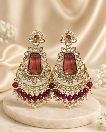 Gold Light violet Emerald-Cut Polki Marquise Chandbali Earrings | OLT147