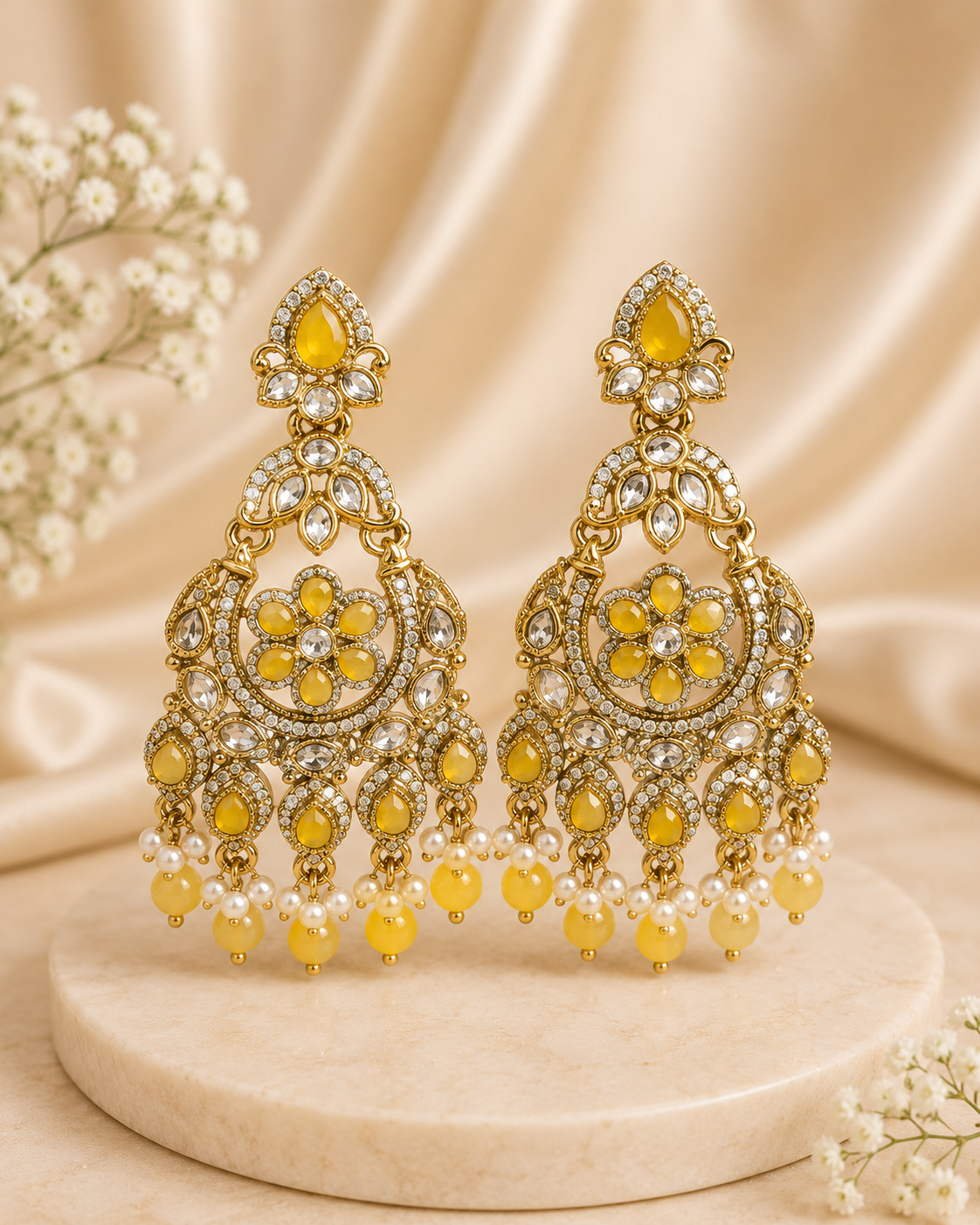 Gold Yellow Chalcedony Polki CZ Floral Chandbali Earrings | OLT150