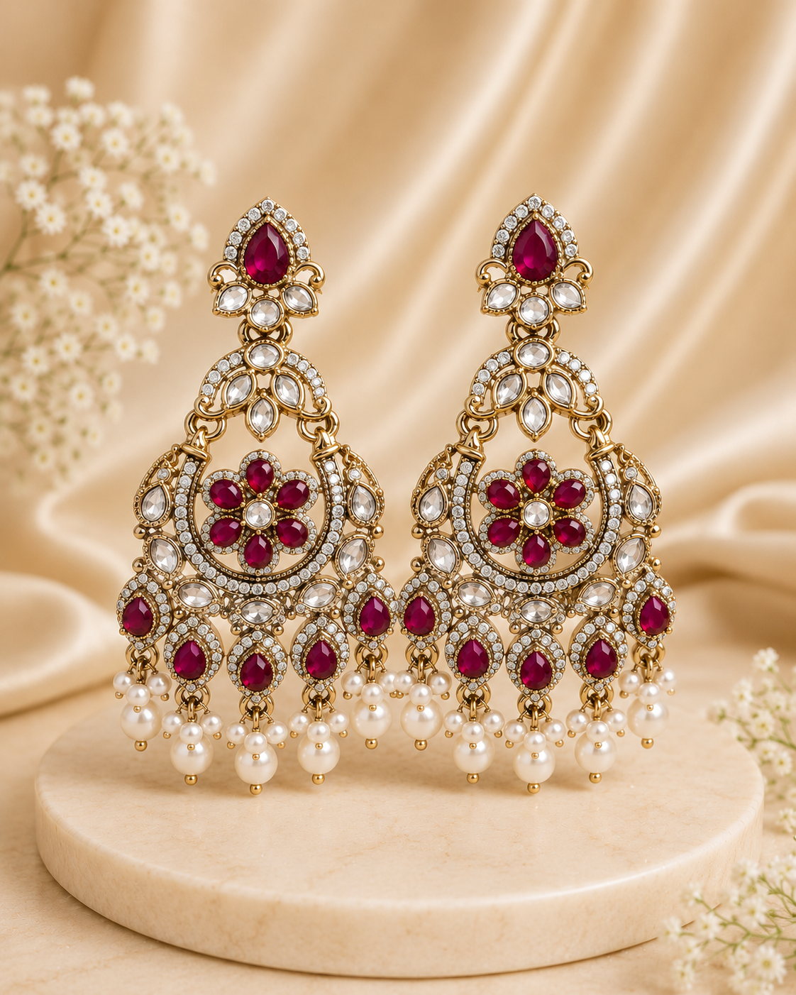 Gold Yellow Chalcedony Polki CZ Floral Chandbali Earrings | OLT150