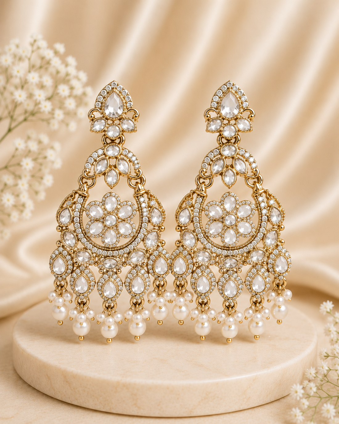 A woman wearing a large, ornate gold and yellow chandelier earring with intricate floral details and hanging pearl-like drops, paired with a cream-colored embroidered traditional top against a soft beige background.