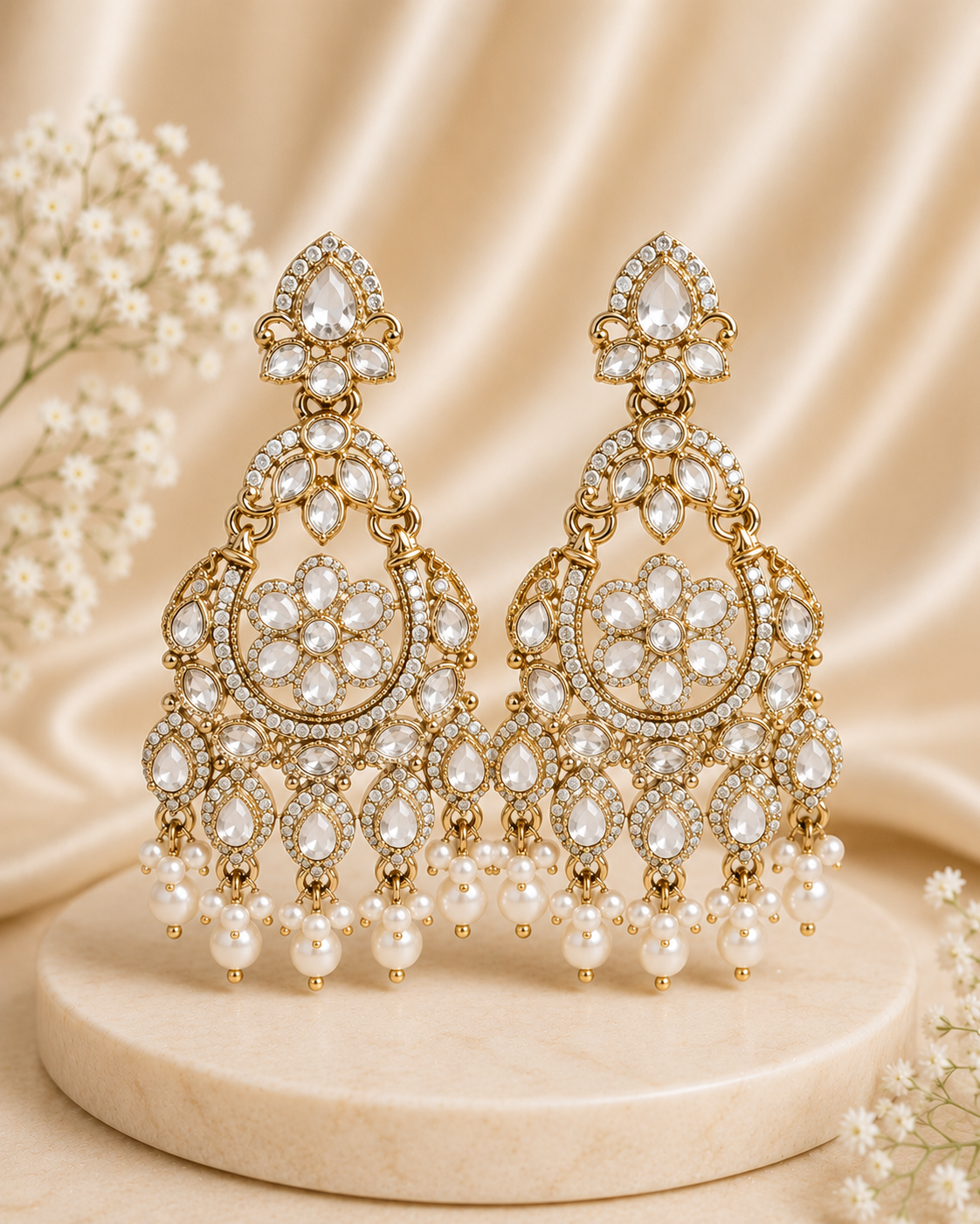 Gold Yellow Chalcedony Polki CZ Floral Chandbali Earrings | OLT150