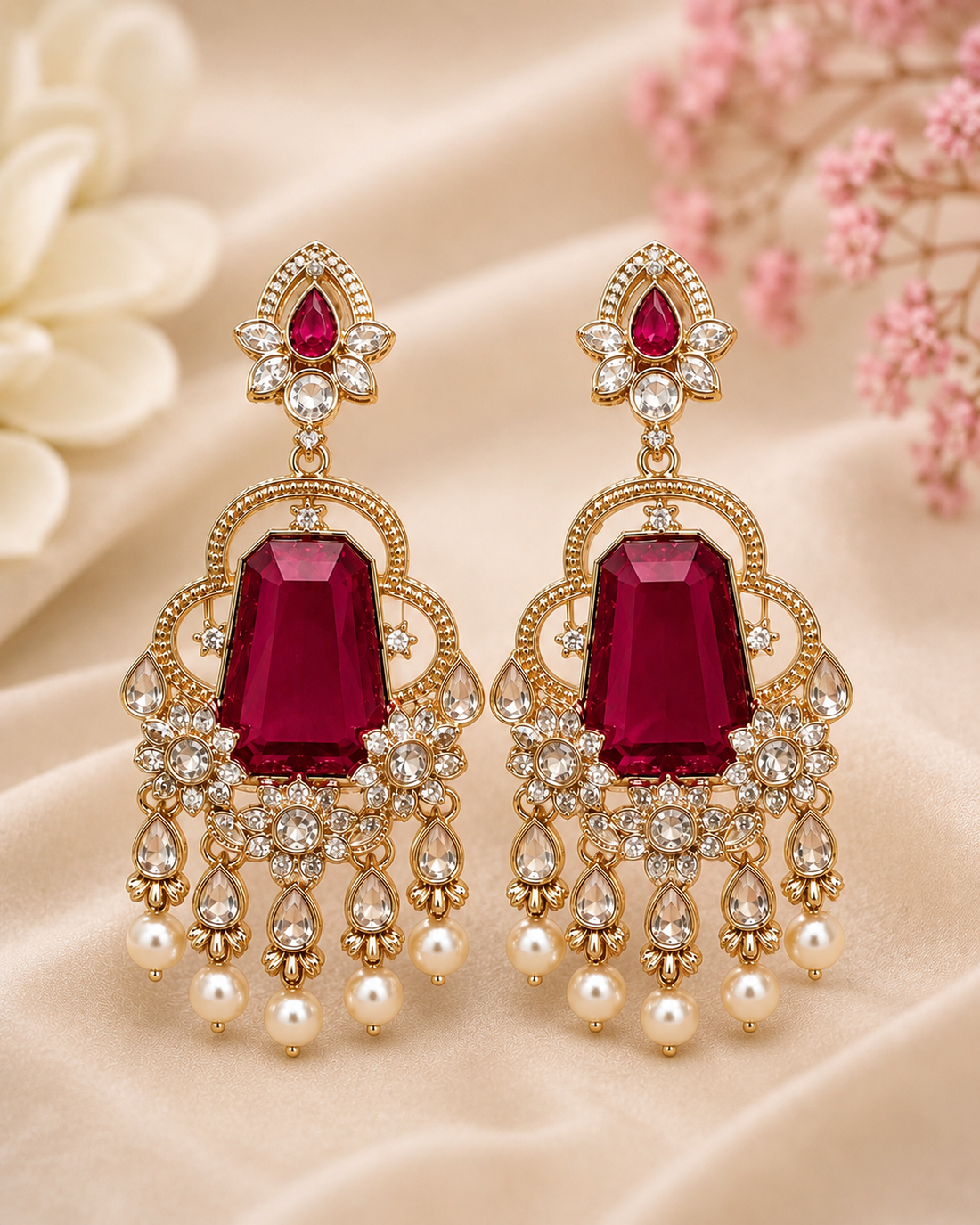 A close-up of a woman wearing ornate gold-toned traditional earrings with deep red stones and pearl-like drops, against a softly blurred beige background.