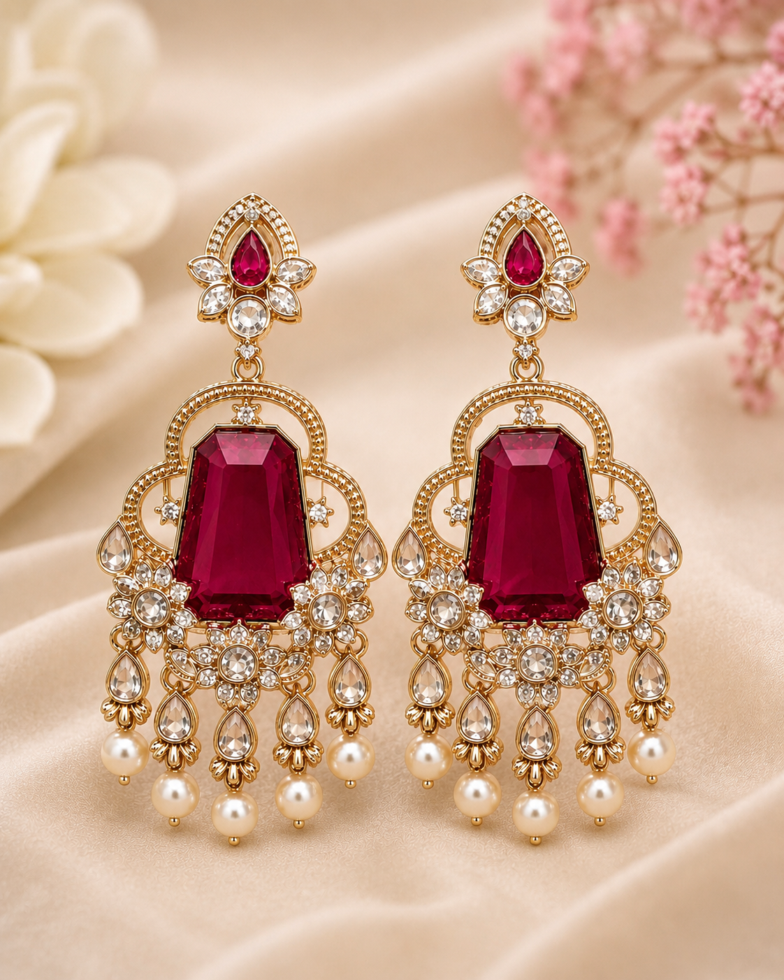 Gold Deep Ruby Trapeze CZ Filigree Arch Chandelier Earrings | OLT153