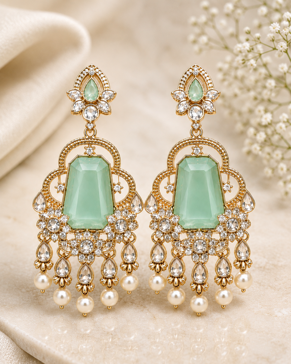 Gold Deep Ruby Trapeze CZ Filigree Arch Chandelier Earrings | OLT153