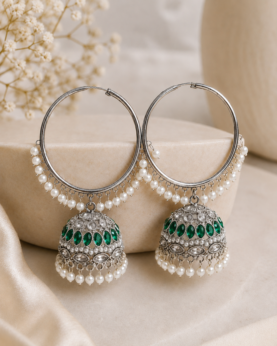 Silver Ruby Marquise Polki Large Hoop Jhumka Earrings | OLT154
