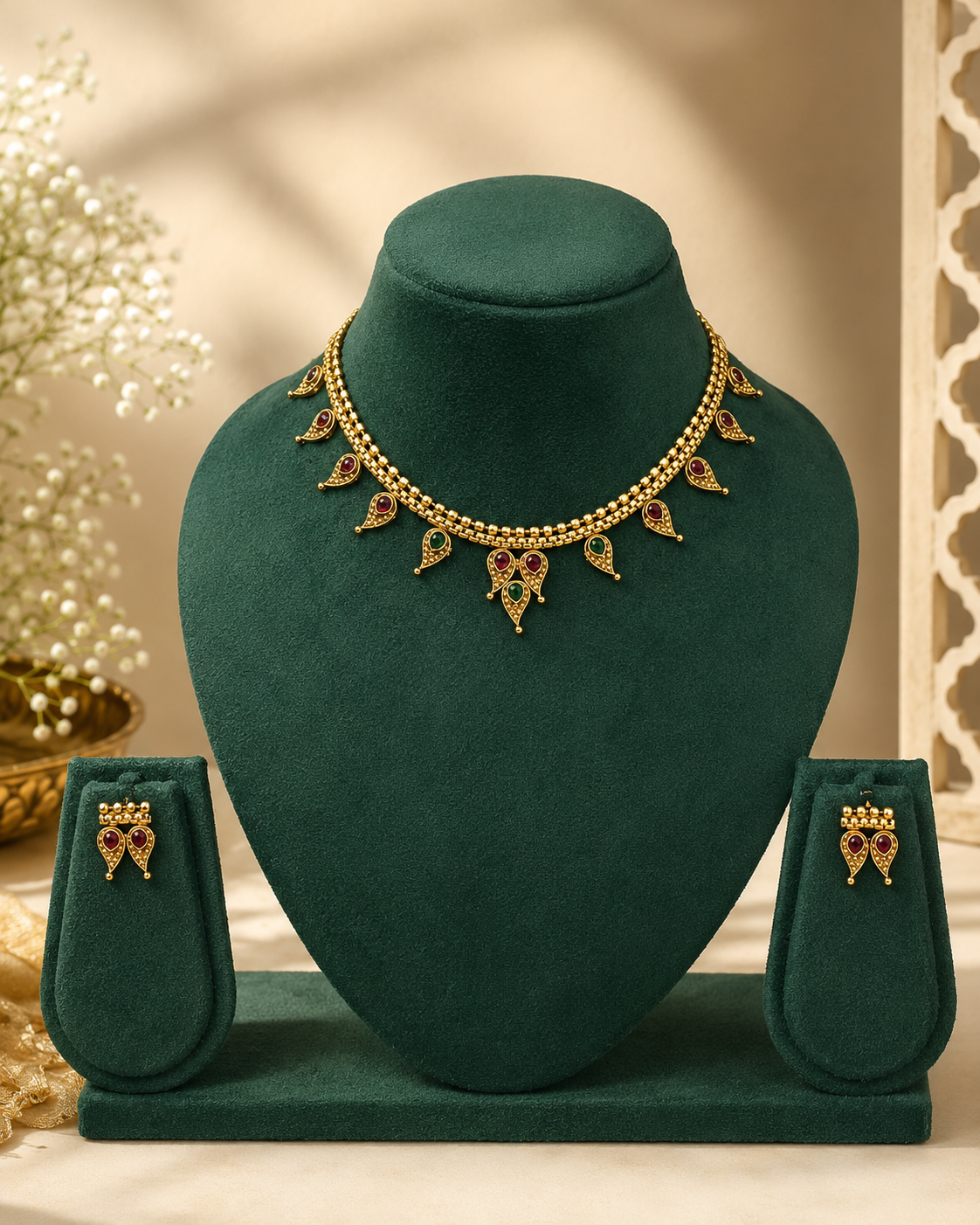Antique Gold Ruby & Emerald Kemp Paisley Fringe Choker Necklace Set - PATTERN 1 | OLT15