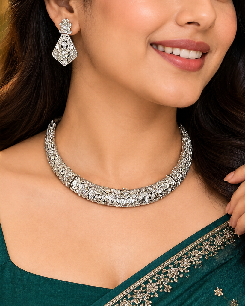 Oxidised Silver Floral Necklace Chocker Set with Matching Earrings for Women | OLT17