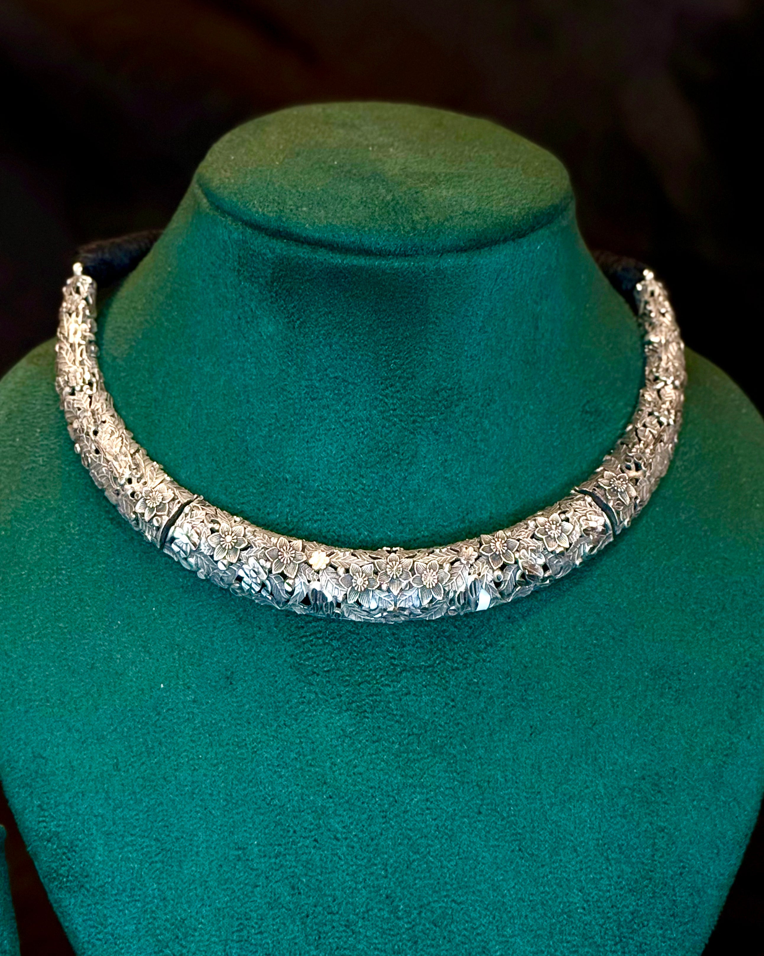 Oxidised Silver Floral Necklace Chocker Set with Matching Earrings for Women | OLT17