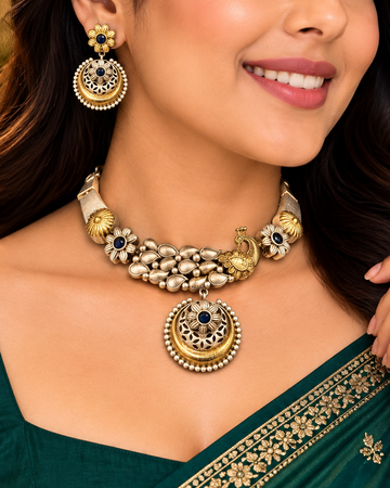 Peacock Necklace Set with Blue Stone Floral Pendant and Matching Earrings | OLT18