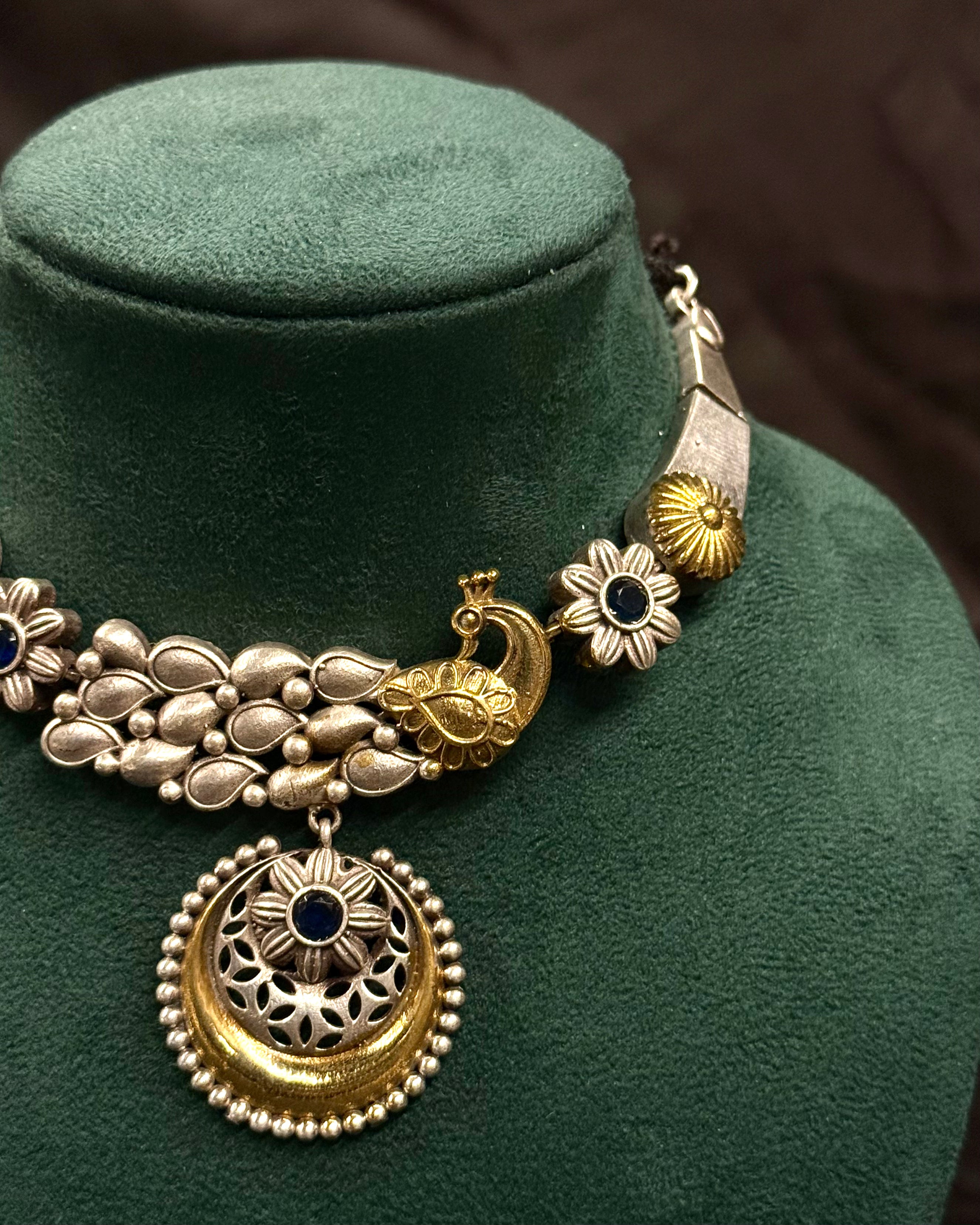 Peacock Necklace Set with Blue Stone Floral Pendant and Matching Earrings | OLT18