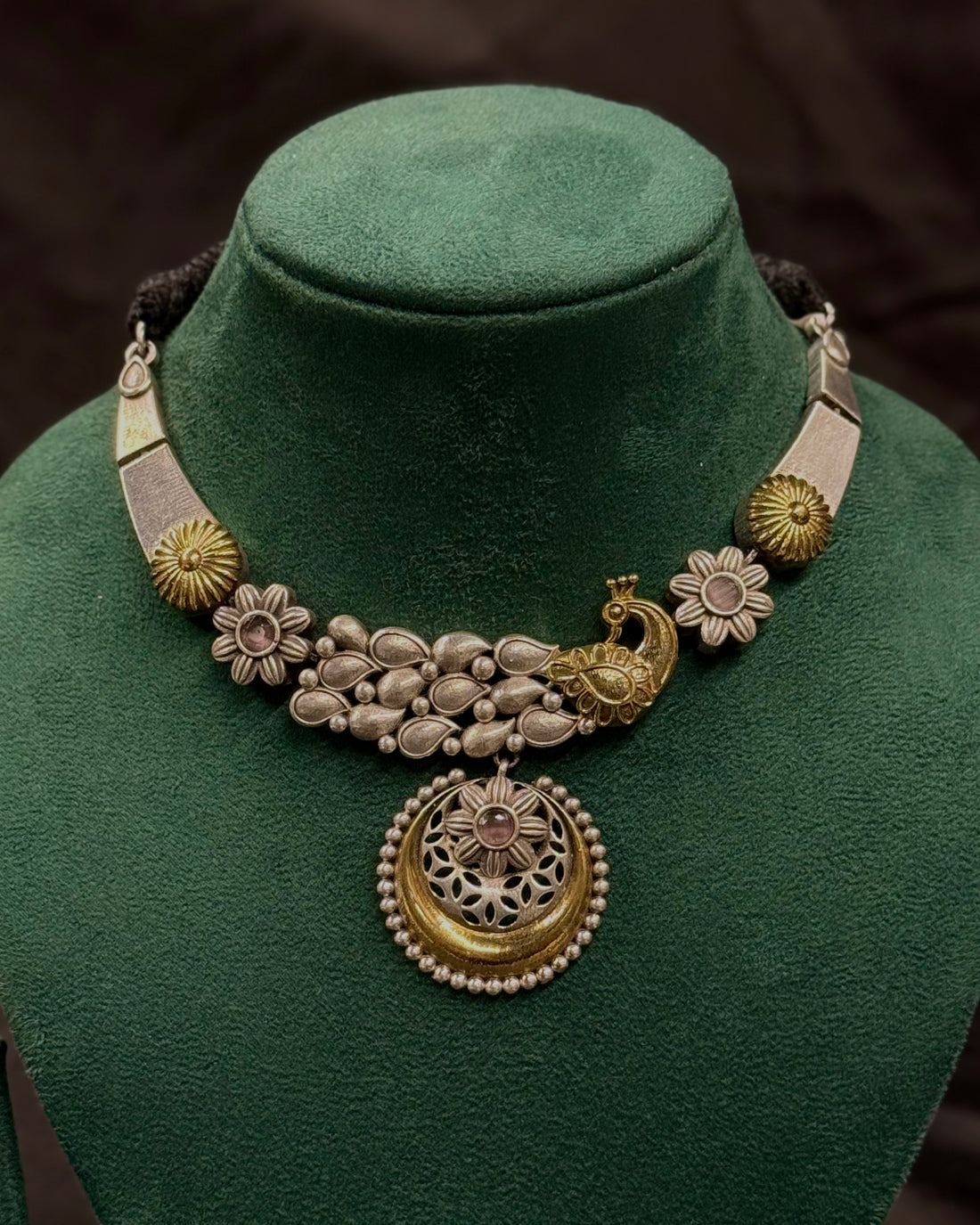 Peacock Necklace Set with Blue Stone Floral Pendant and Matching Earrings | OLT18