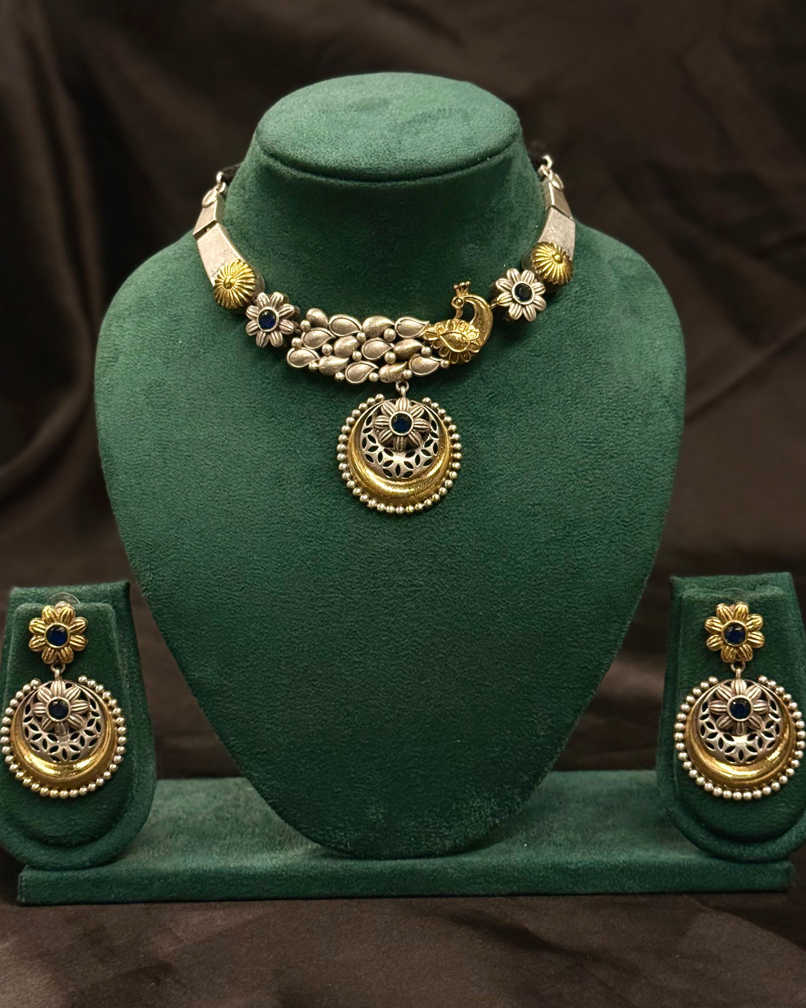 Peacock Necklace Set with Blue Stone Floral Pendant and Matching Earrings | OLT18