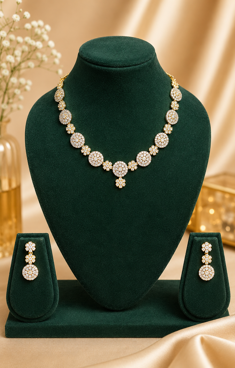Gold CZ Pave Sunburst Round Disc Daisy Necklace Set | OLT2
