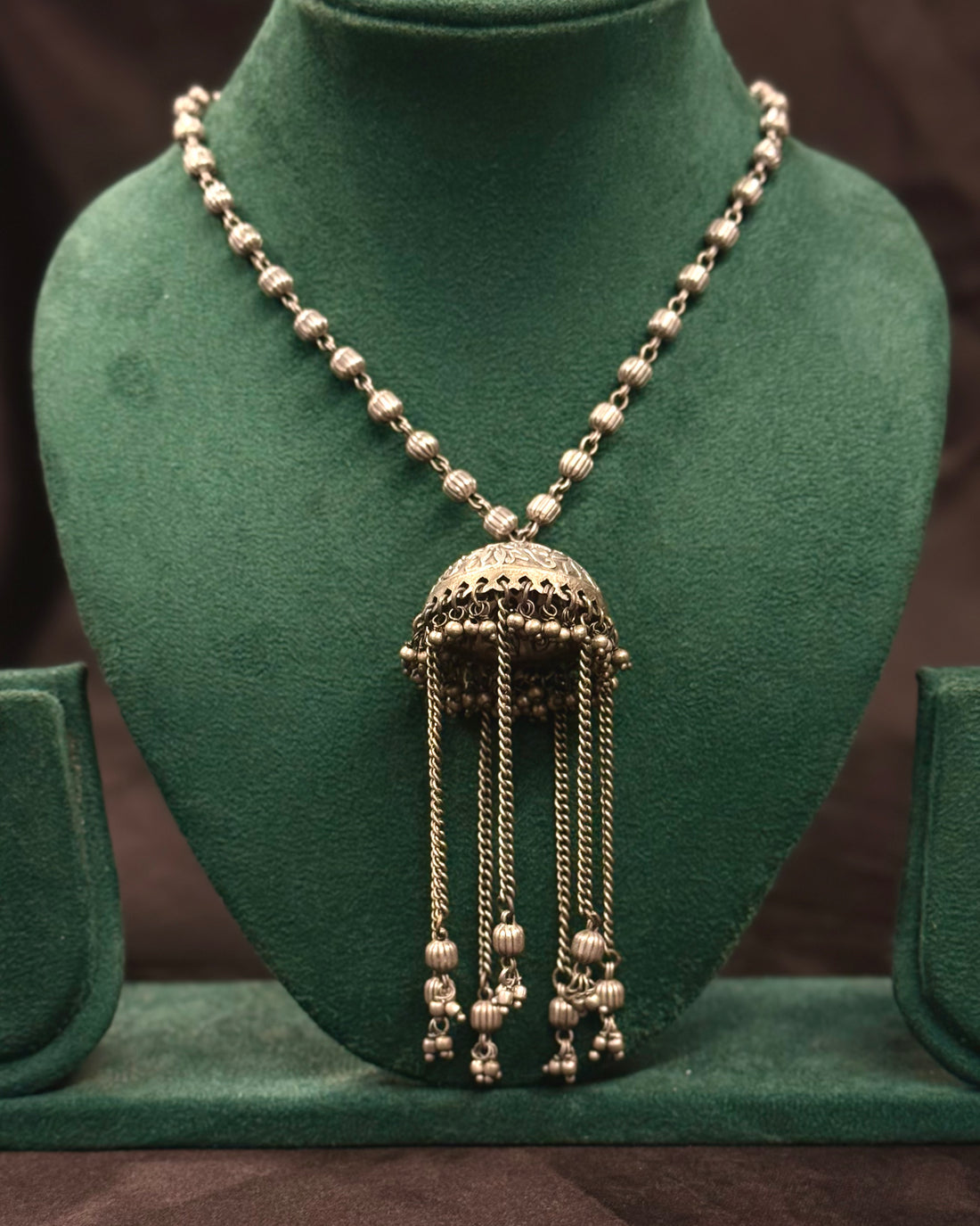 Oxidised Silver Long Necklace with Jhumka Pendant and Matching Earrings | OLT21