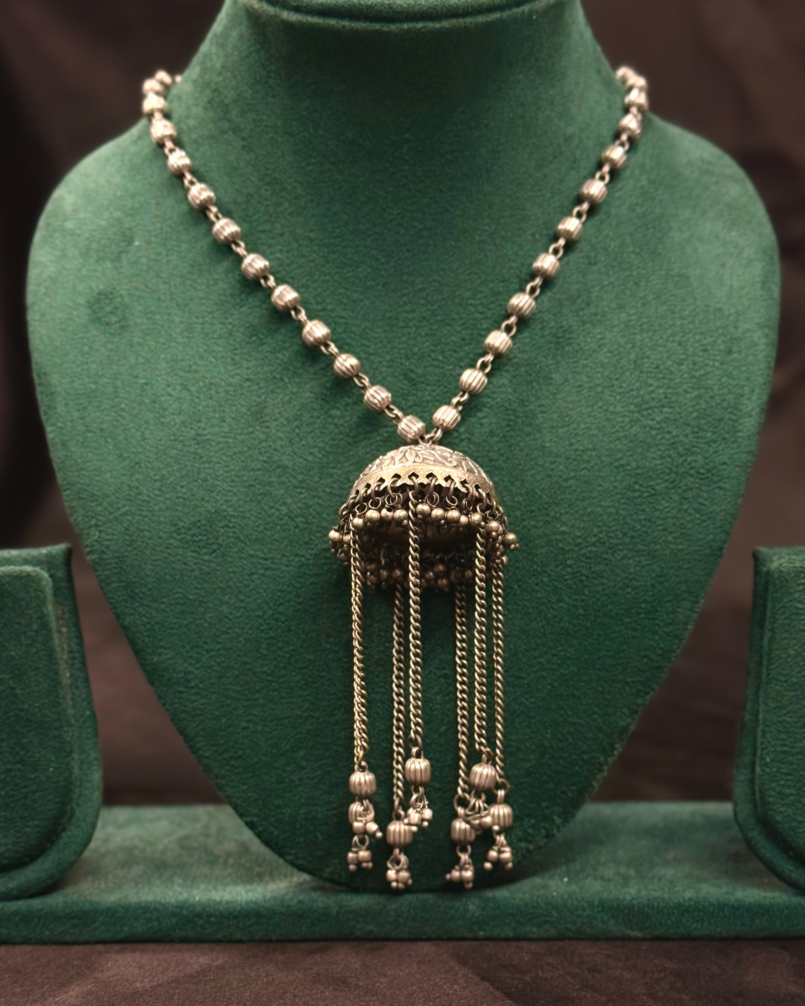 Oxidised Silver Long Necklace with Jhumka Pendant and Matching Earrings | OLT21