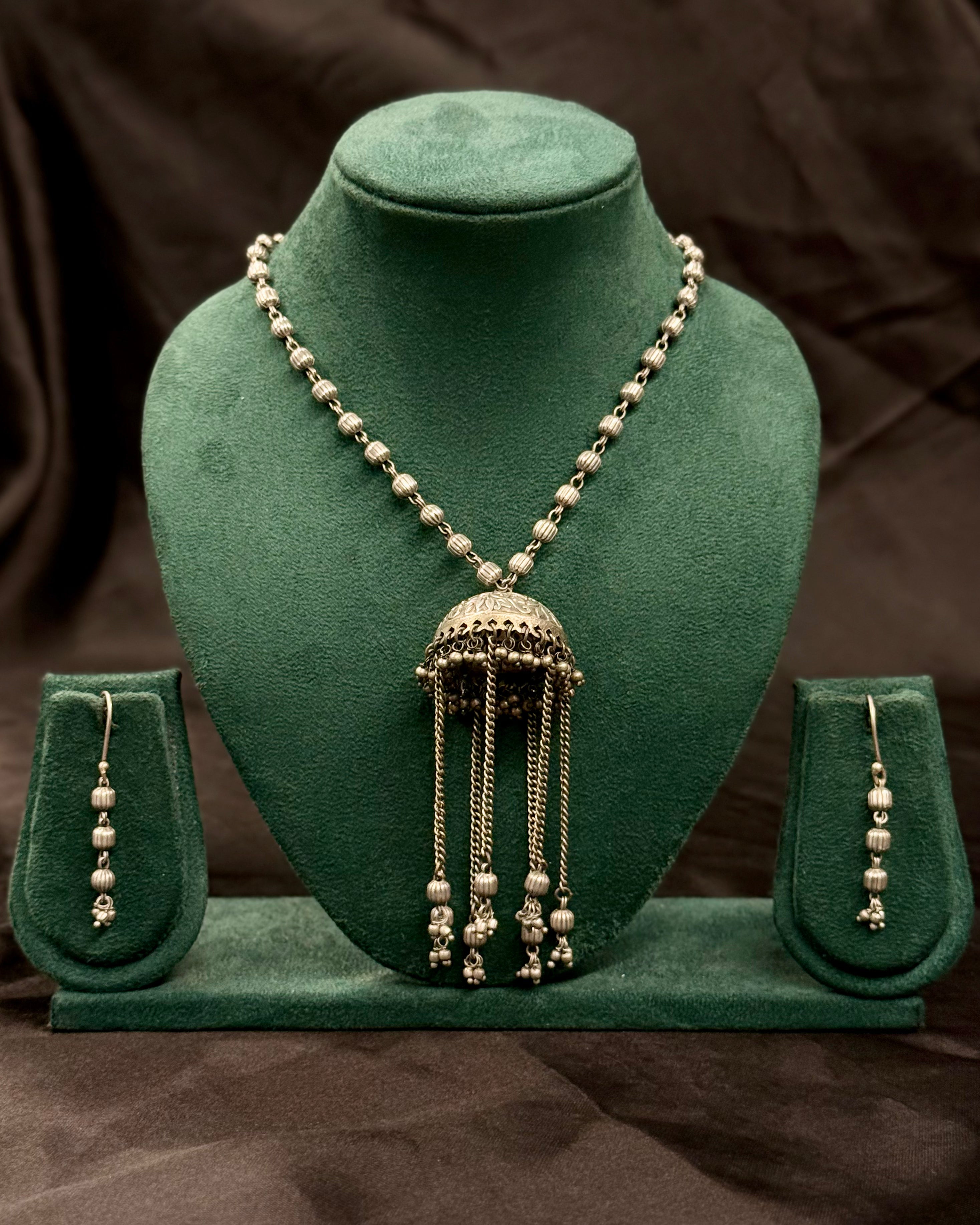 Oxidised Silver Long Necklace with Jhumka Pendant and Matching Earrings | OLT21