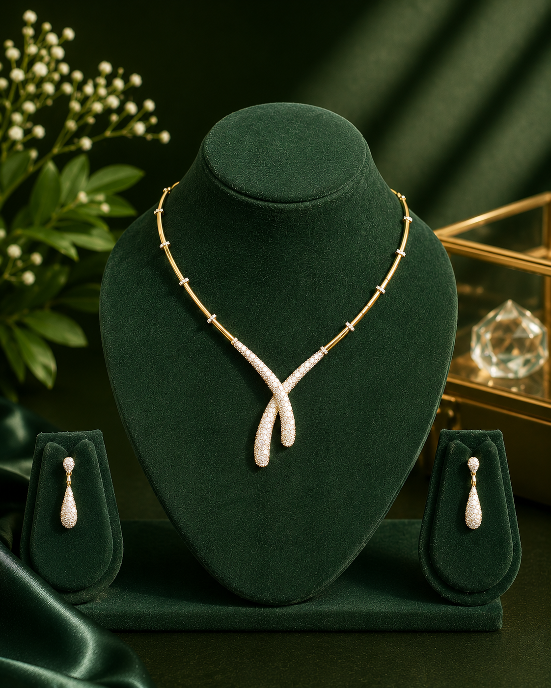CZ Diamond V-Drop Necklace Set with Earrings | OLT23