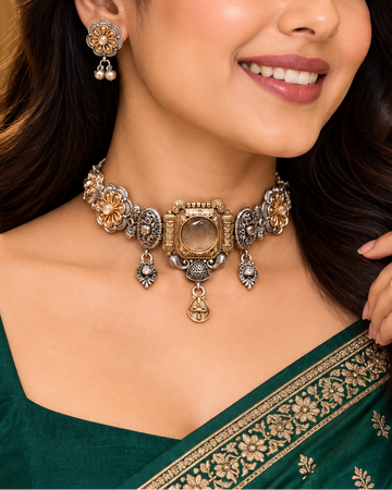 Oxidised Silver Choker Necklace Set with Floral Earrings | OLT24
