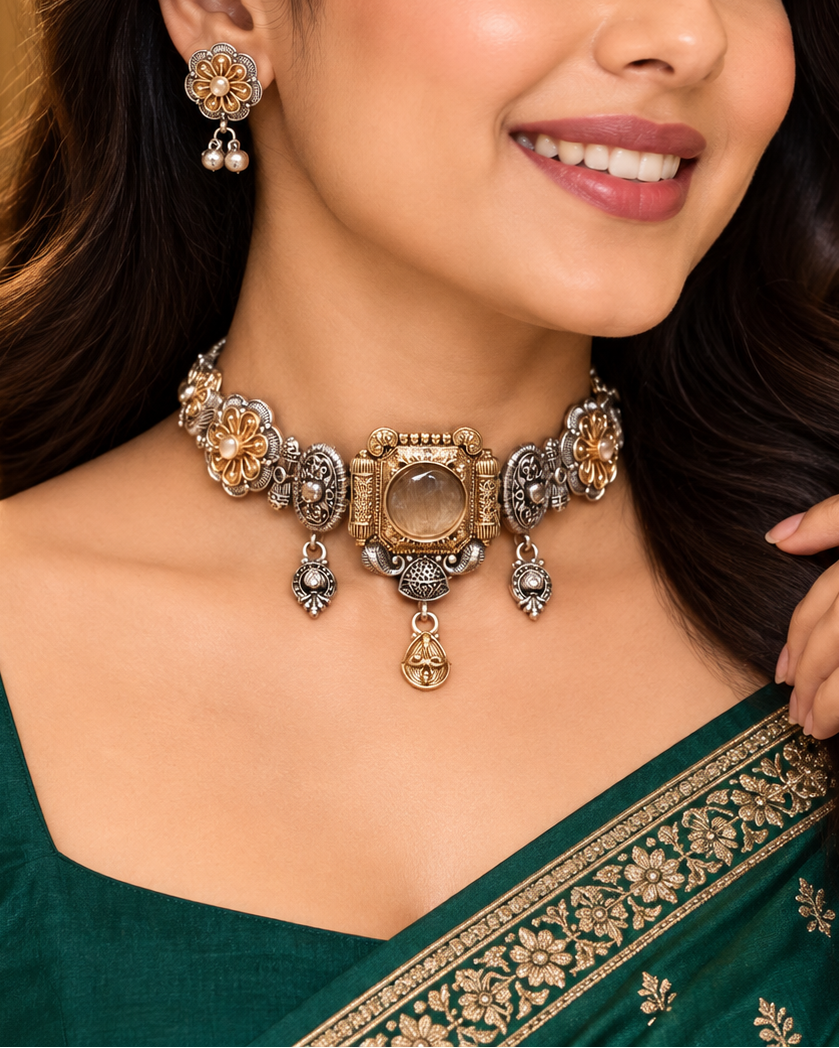 Oxidised Silver Choker Necklace Set with Floral Earrings | OLT24