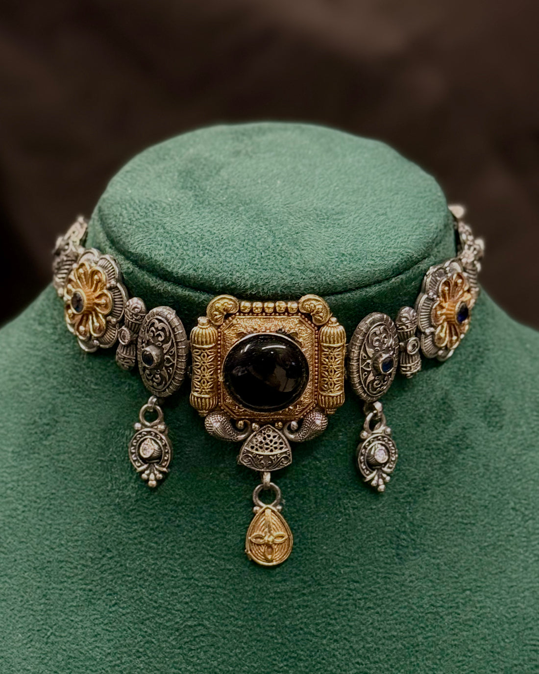 Oxidised Silver Choker Necklace Set with Floral Earrings | OLT24