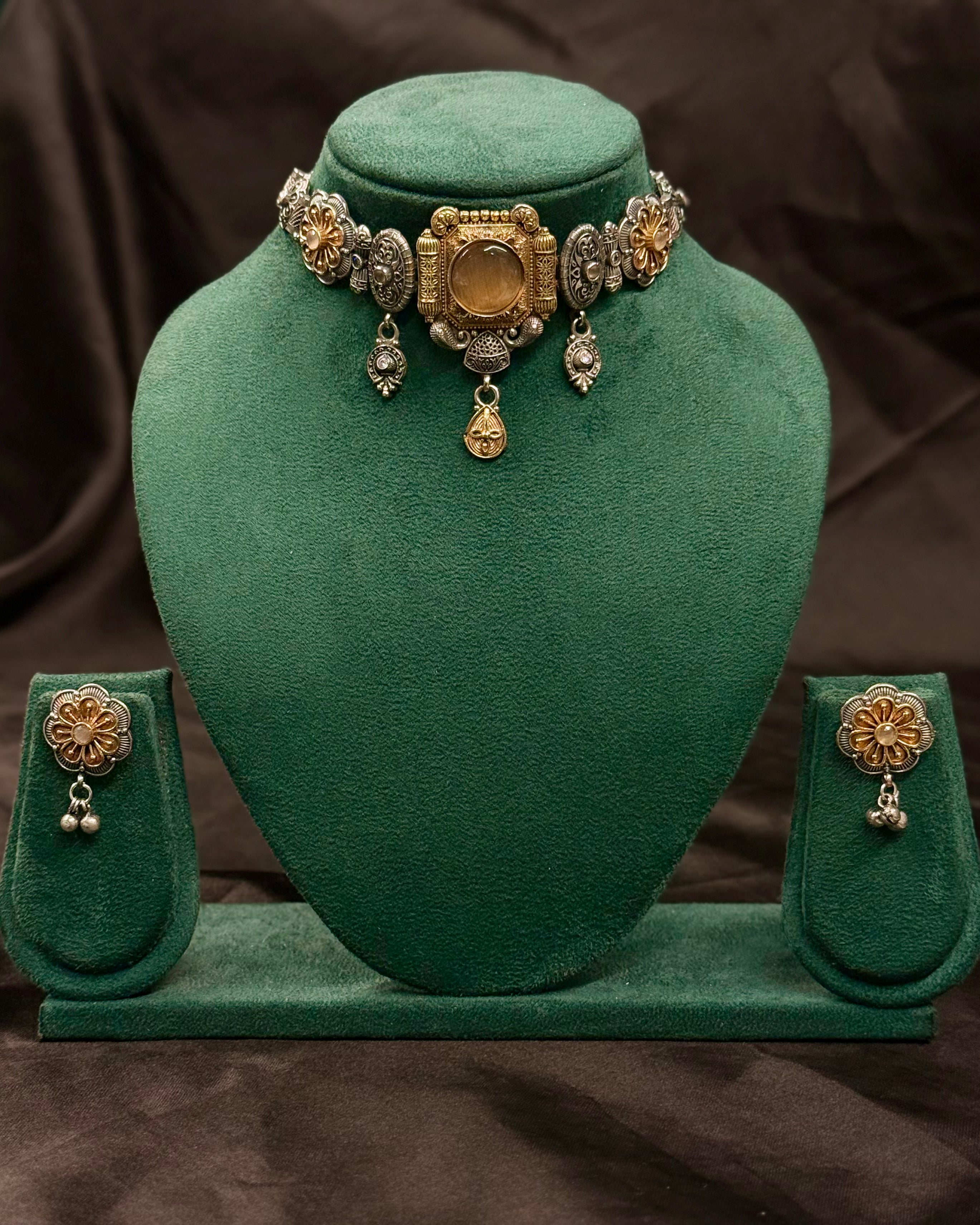Oxidised Silver Choker Necklace Set with Floral Earrings | OLT24