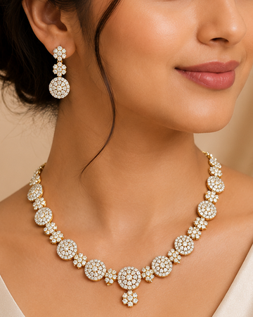 Gold CZ Pave Sunburst Round Disc Daisy Necklace Set | OLT2
