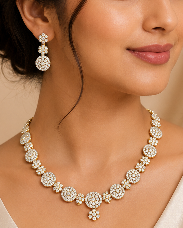 Gold CZ Pave Sunburst Round Disc Daisy Necklace Set | OLT2