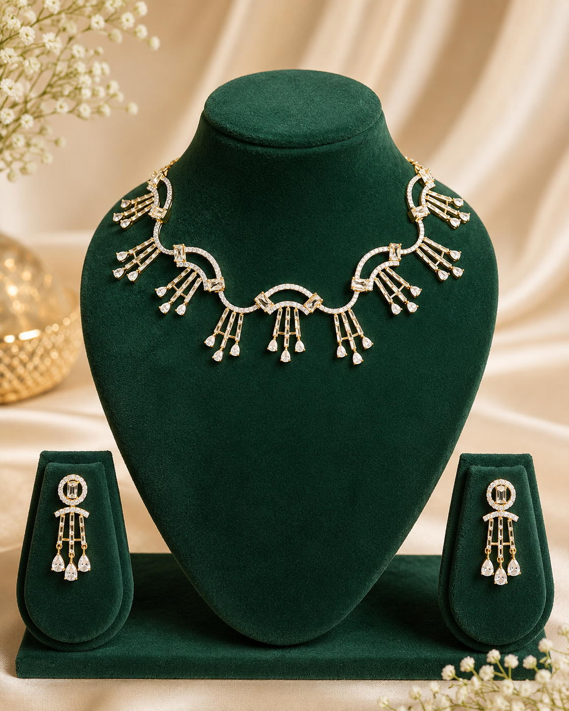 Gold CZ Baguette Oval Arc Fringe Tassel Necklace Set | OLT3