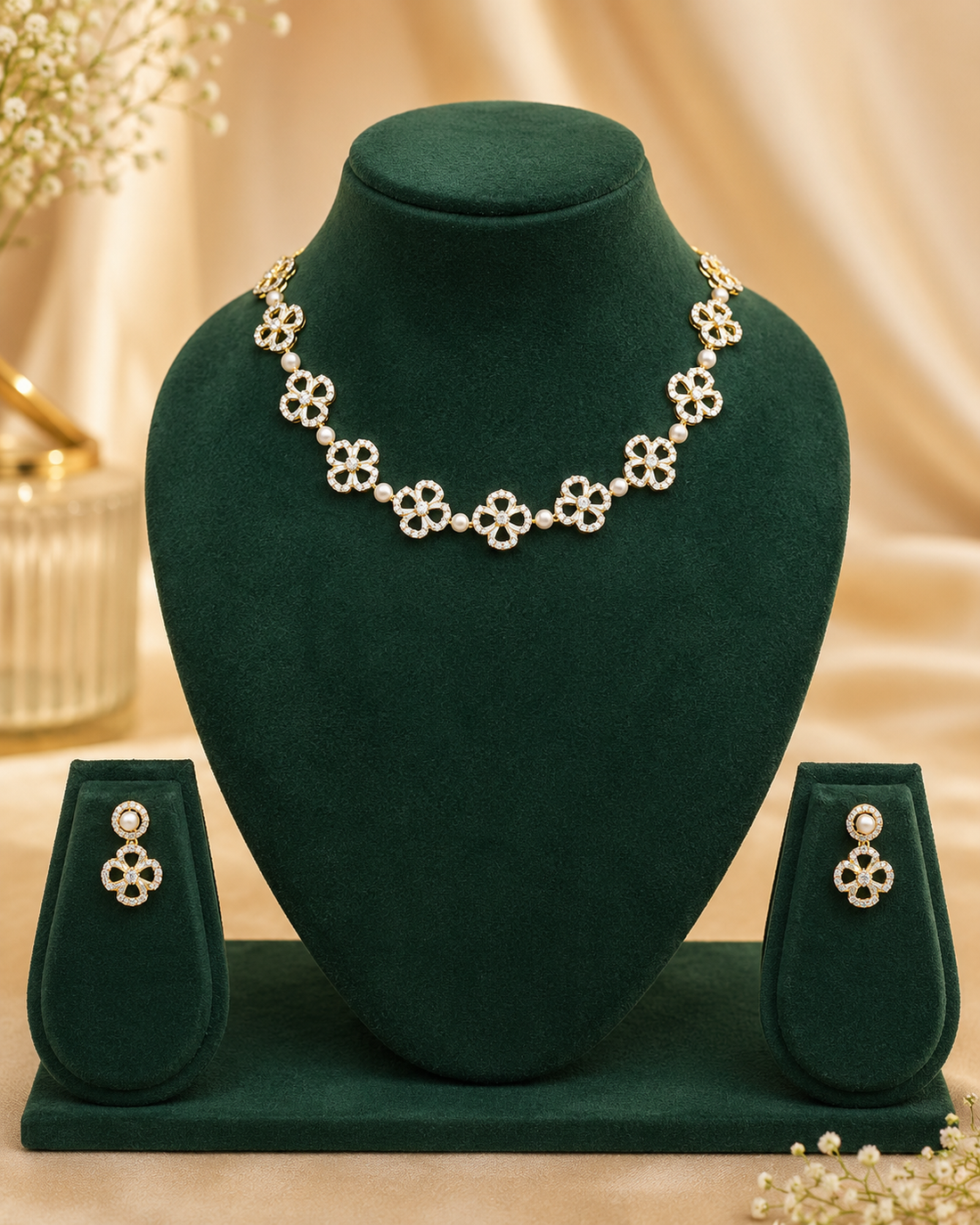Gold CZ Pave Open Clover Flower Pearl Necklace Set | OLT4