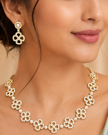Gold CZ Pave Open Clover Flower Pearl Necklace Set | OLT4
