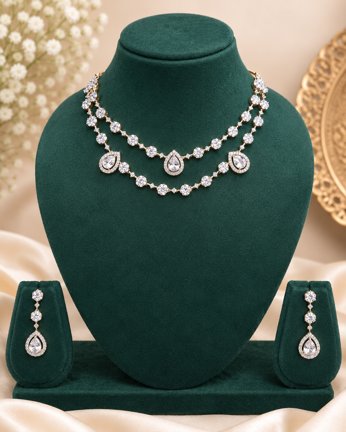 A two-piece diamond jewelry set displayed on a dark green velvet jewelry bust, including a double-row necklace with teardrop-shaped center stones and matching drop earrings, set against a warm beige satin background with decorative floral elements.