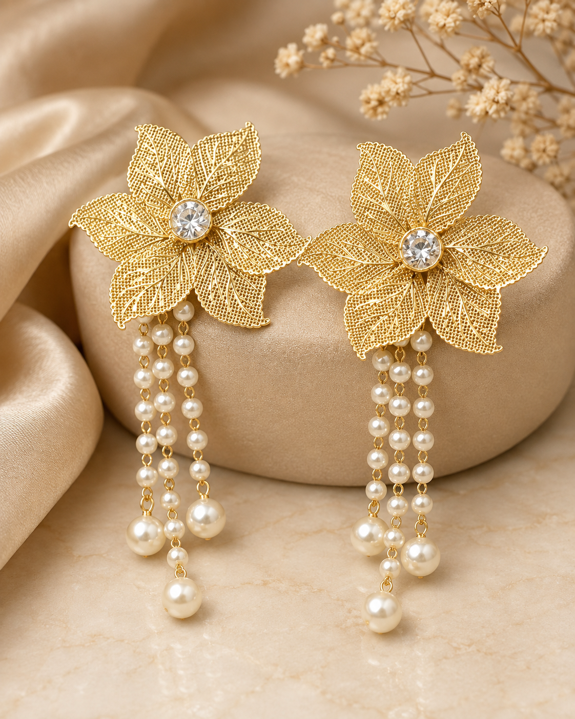 Gold Filigree Flower Earrings with Pearl Drops - Bridal Statement Earrings | OLT59