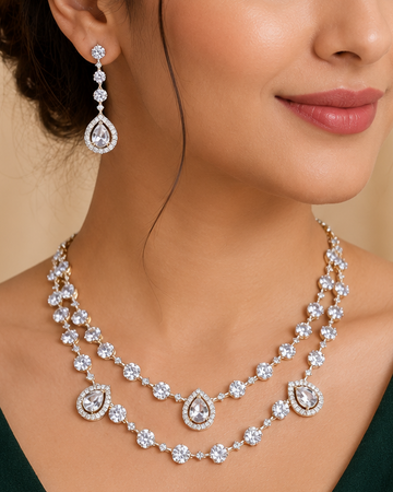 Gold Double Layer Round & Teardrop CZ Diamond Necklace Set | OLT5