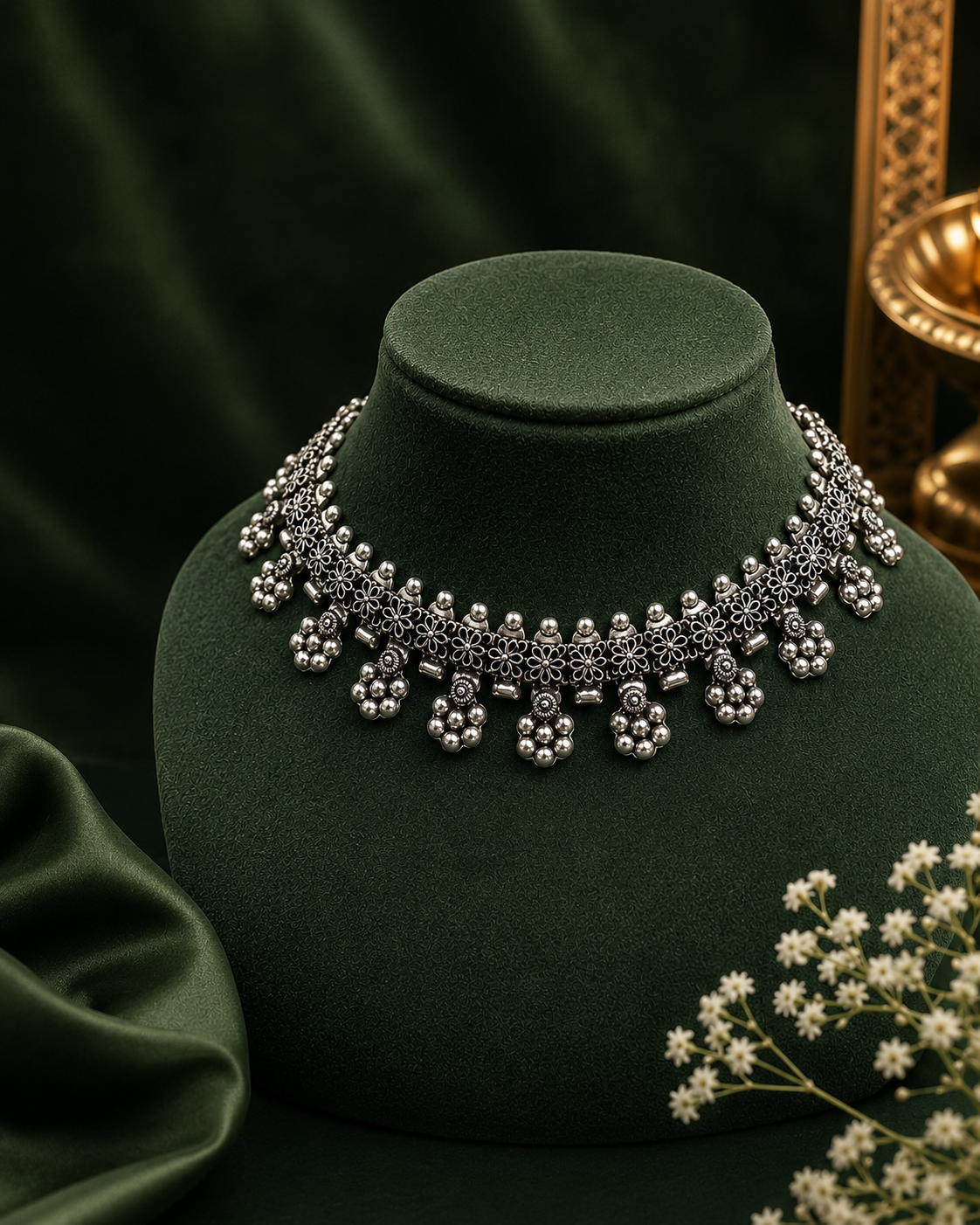 Oxidised Silver Floral Choker Necklace with Bead Drops | OLT6