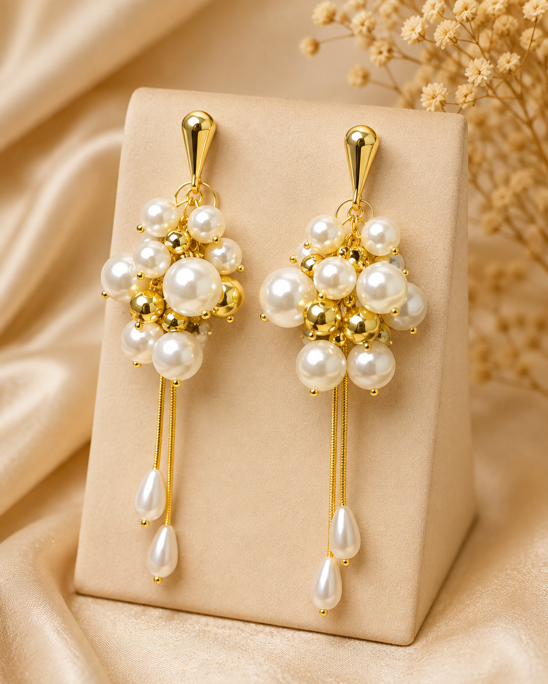 Pearl Cluster Tassel Earrings - Gold Bead Drop Bridal Earrings | OLT60