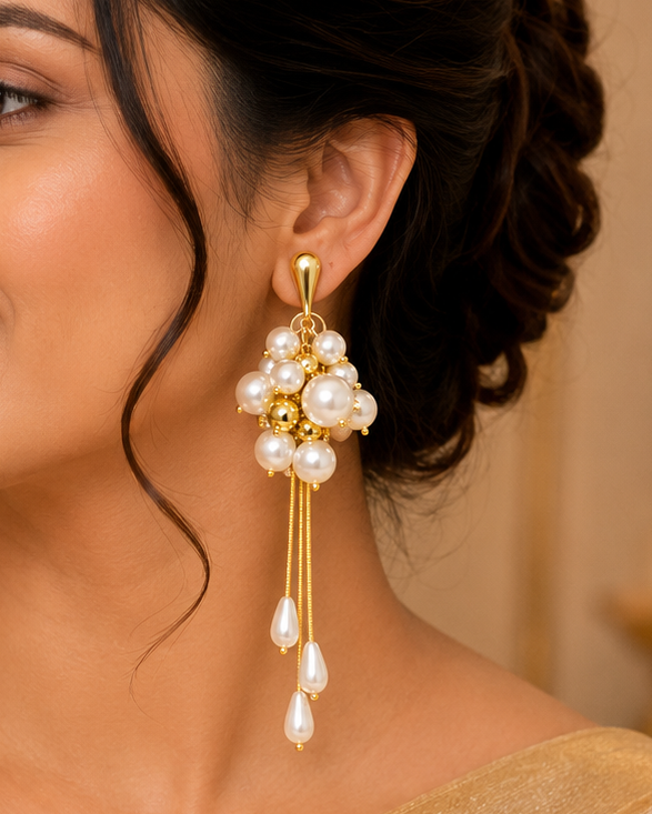 A woman wearing a traditional Indian outfit in beige, showcasing a pair of gold and white pearl dangle earrings. The background is a softly blurred indoor setting with warm lighting.