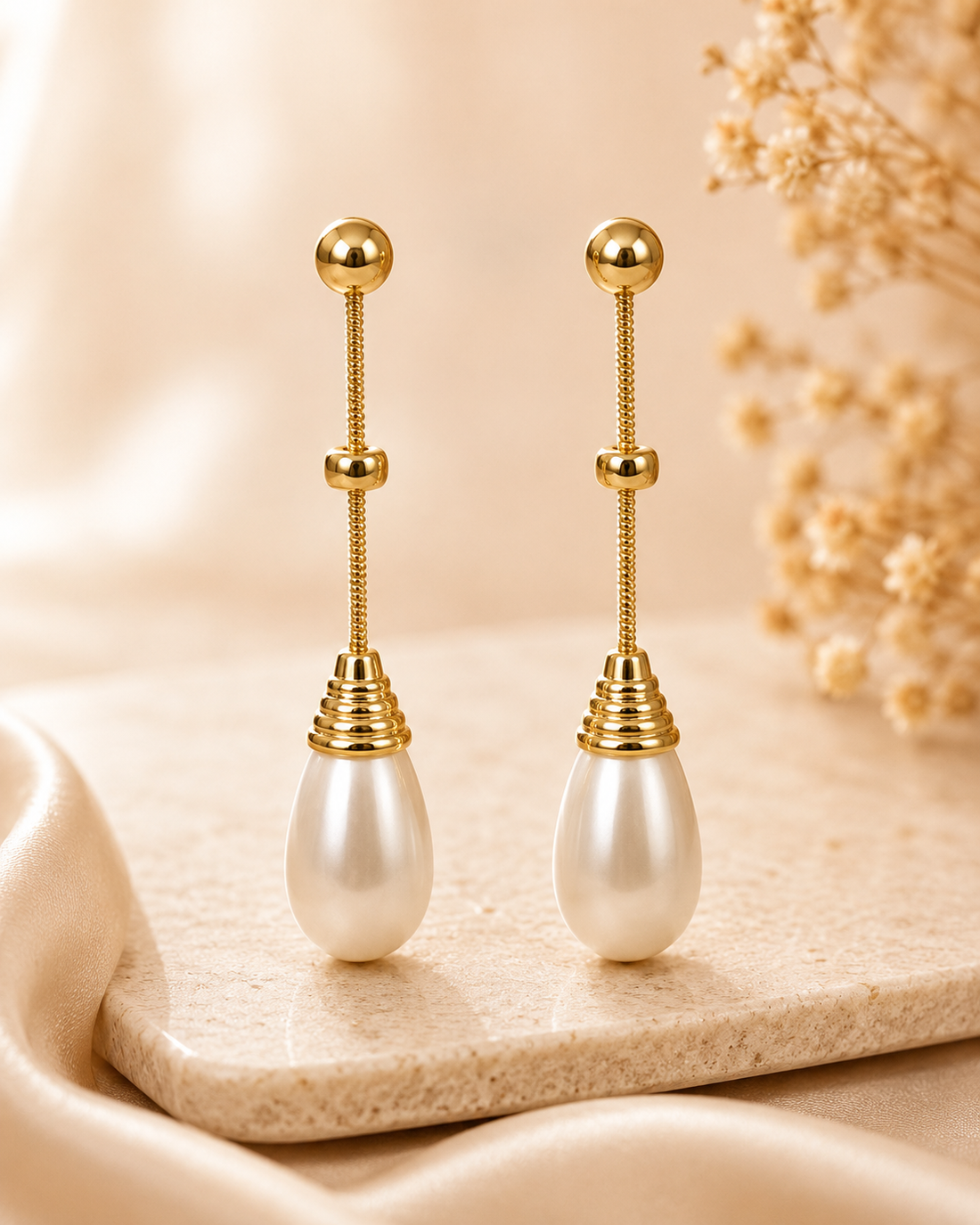 A woman wearing a long gold dangle earring with a white teardrop pearl, shown in a close-up portrait wearing a light beige sari.