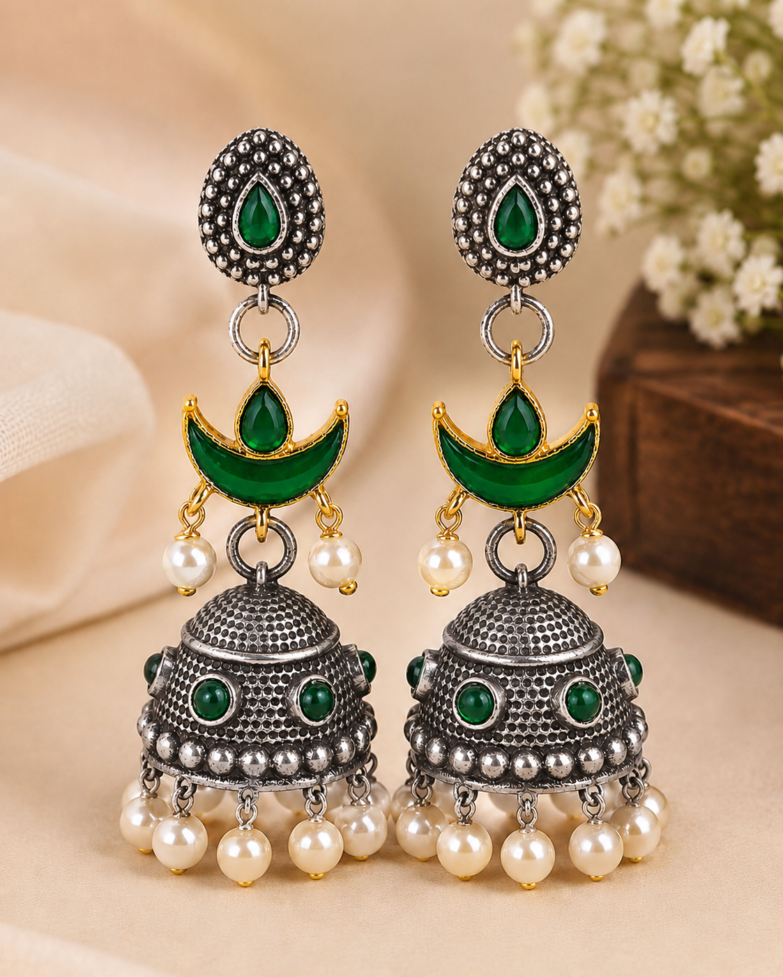 Oxidised Silver Dual Tone Ruby Teardrop Oval Stud Red Meenakari Crescent Moon Grand Dome Jhumka Earrings | OLT64