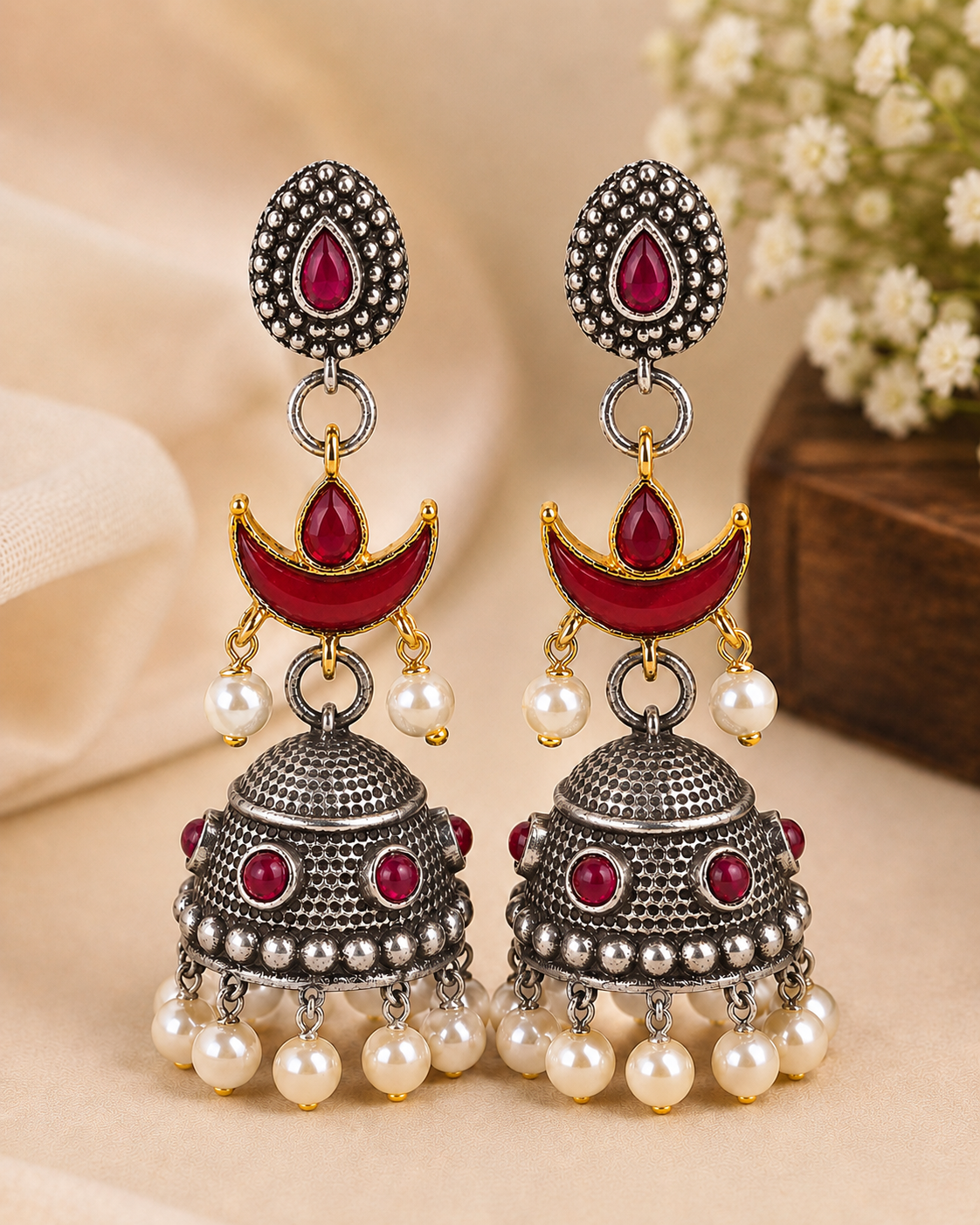 Oxidised Silver Dual Tone Ruby Teardrop Oval Stud Red Meenakari Crescent Moon Grand Dome Jhumka Earrings | OLT64