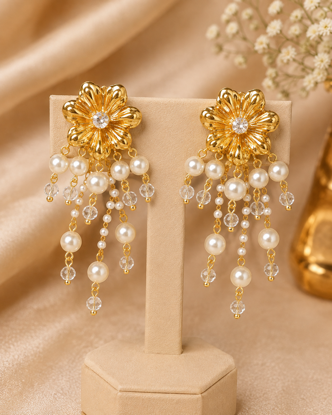 Gold Flower Pearl Crystal Tassel Earrings - Bridal Drop Earrings | OLT65