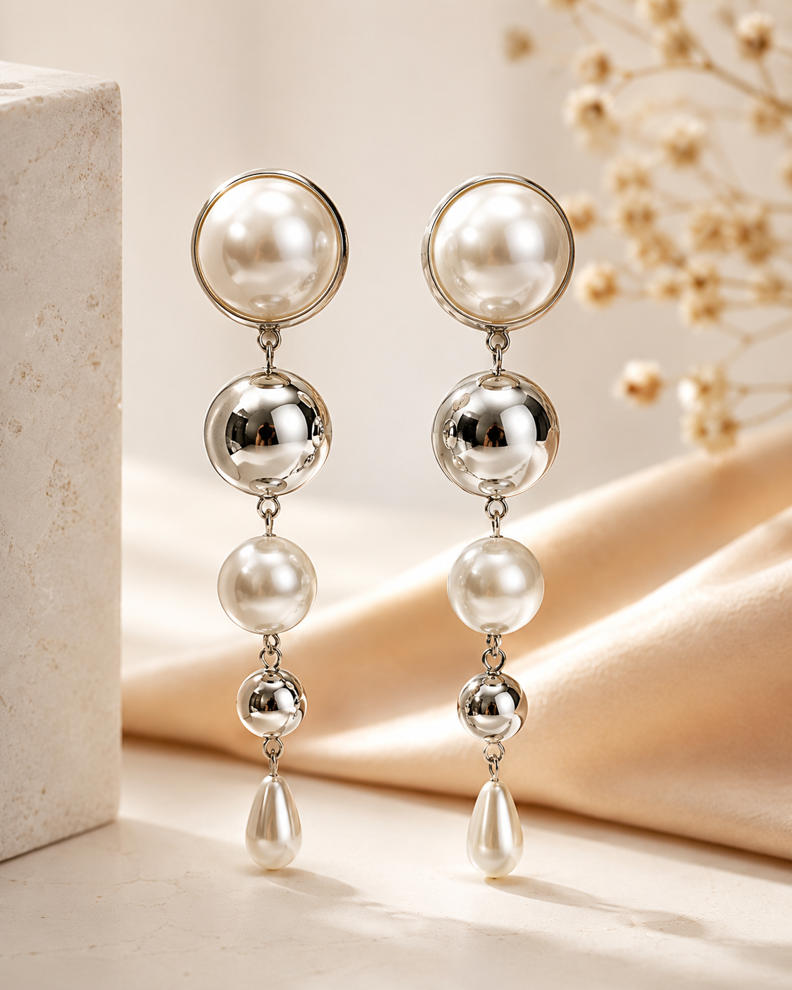 Silver Pearl Round Button Stud Alternating Silver Ball Pearl Teardrop Linear Drop Earrings | OLT67