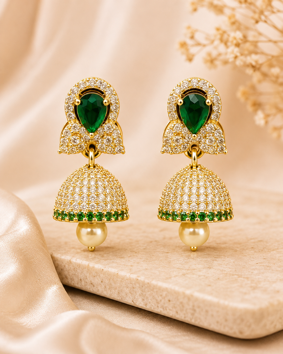 Gold Ball Stud Coil Spring Bar Ridged Cap Large Pearl Teardrop Long Drop Earrings | OLT68