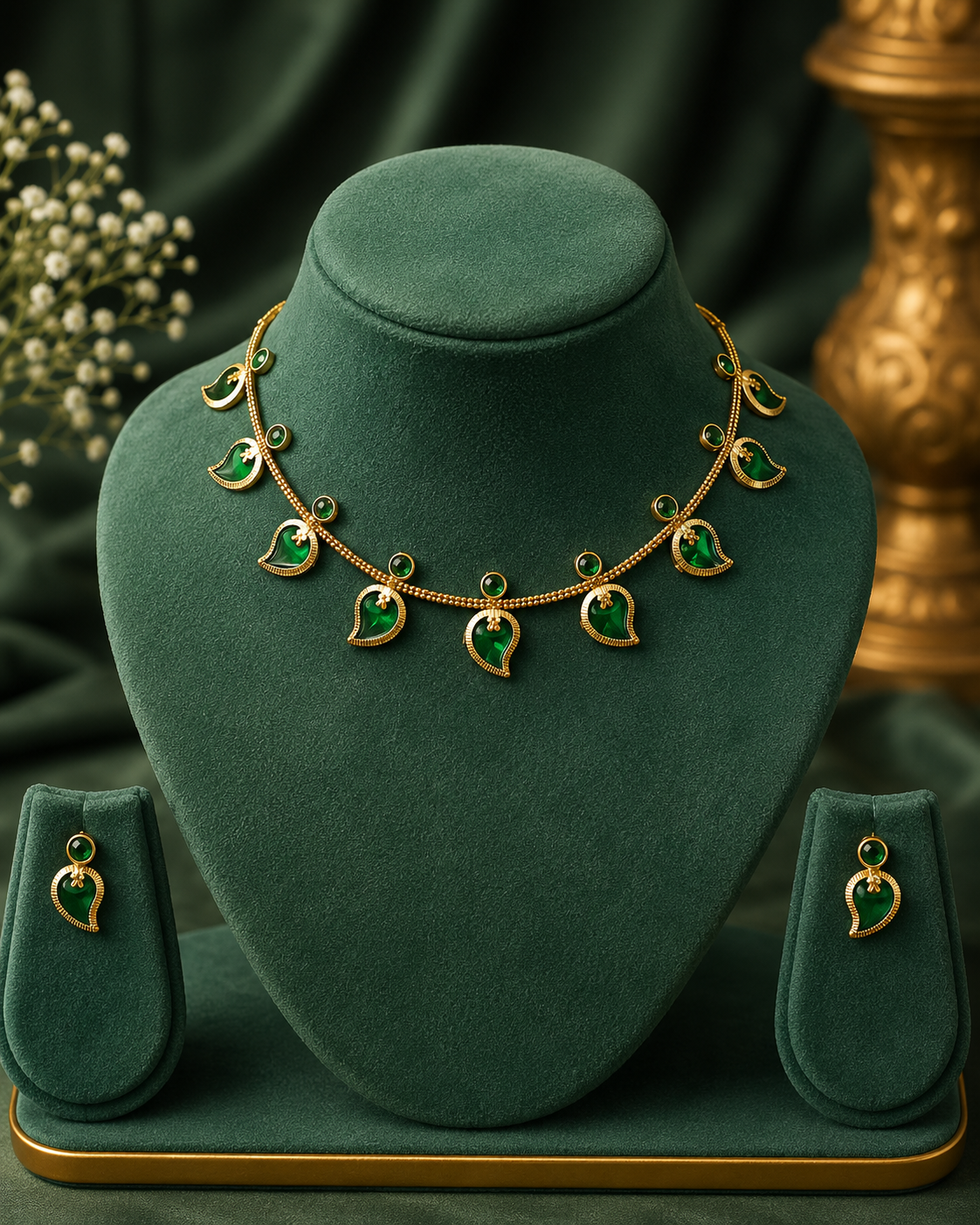Antique Gold Emerald Green Paisley Choker Necklace Set with Drop Earrings | OLT7