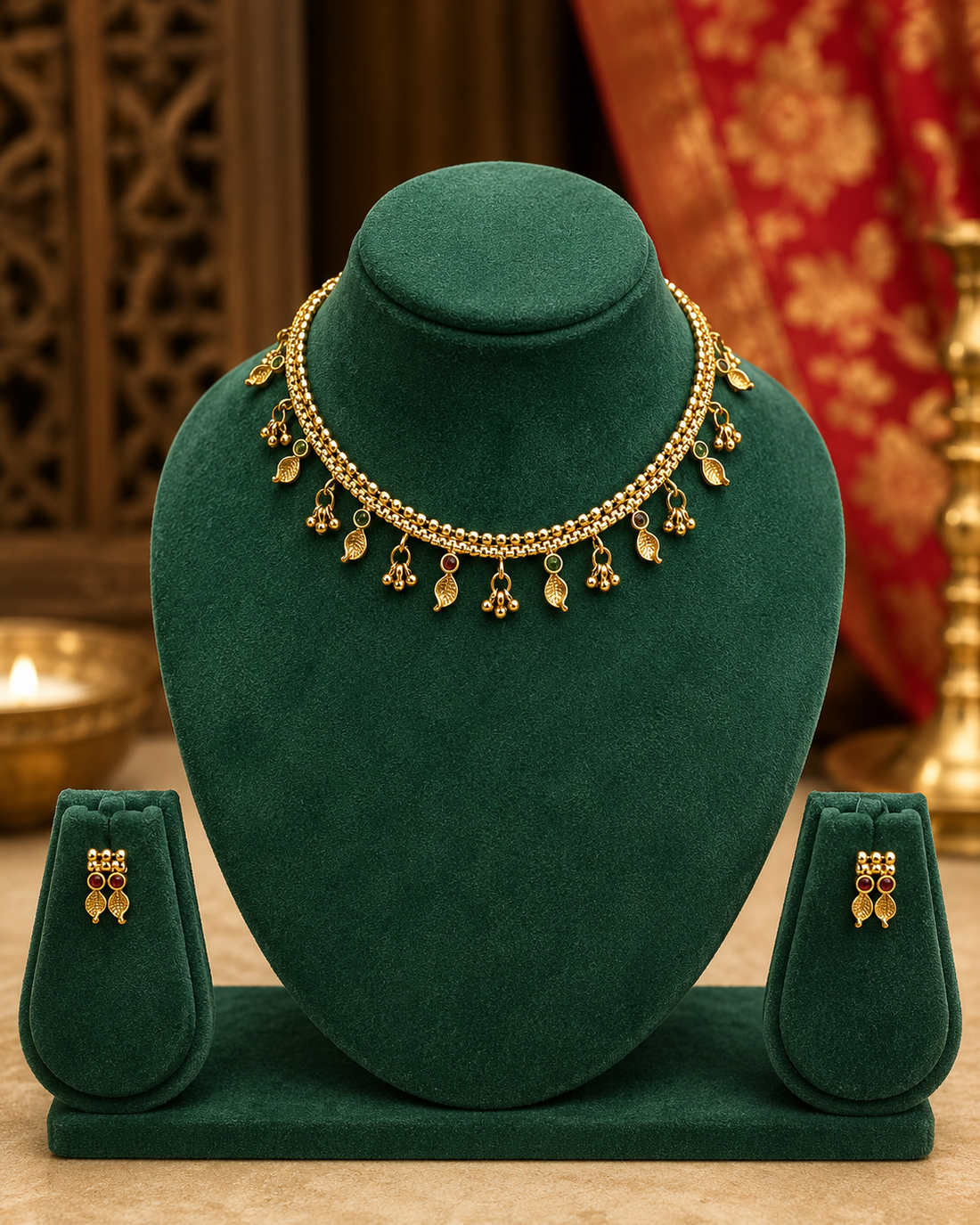 Antique Gold Leaf & Bead Fringe Choker Necklace Set with Kemp Earrings | OLT8
