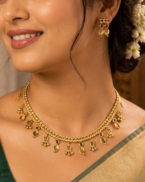 Antique Gold Leaf & Bead Fringe Choker Necklace Set with Kemp Earrings | OLT8